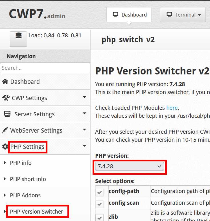 在CWP控制面板左侧点击 → PHP Settings → PHP Version Switcher：手动选择PHP 7.4.28版本 ▼ 第19张