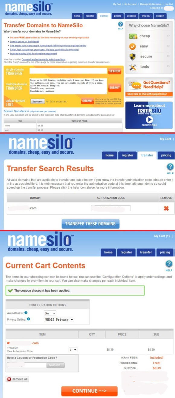 在Transfer Domains to NameSilo页面里，输入要转入的域名