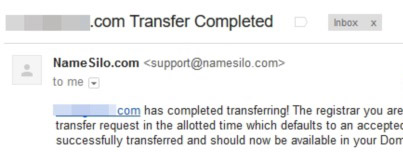 收到来自NameSilo的邮件通知转入域名成功