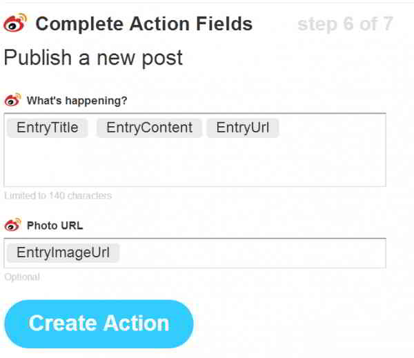 单击“Create action”按钮，即可完成WordPress RSS自动同步文章到新浪微博设置