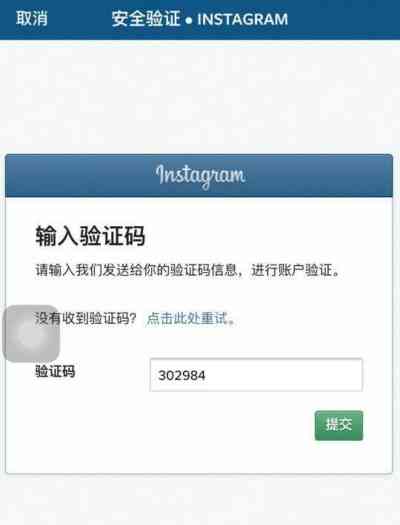 安全验证Instagram账户：输入收到手机短信验证码 