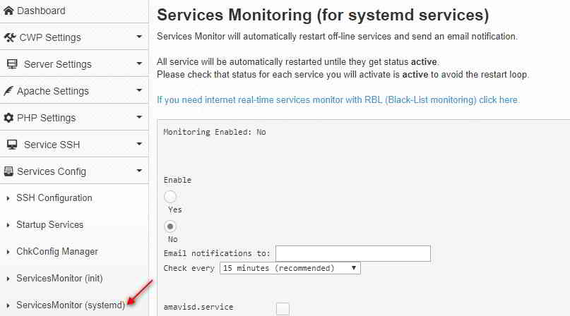 CWP控制面板如何启用服务监控ServicesMonitor (systemd)