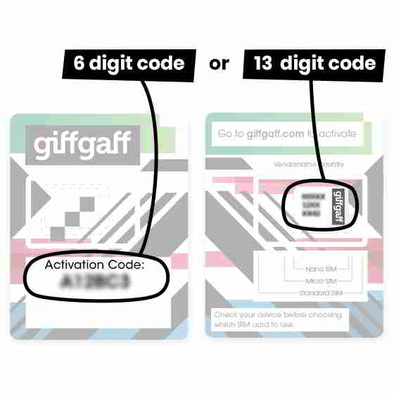 第 2 步：填写你收到的Giffgaff英国SIM卡上的6位代码或13位代码