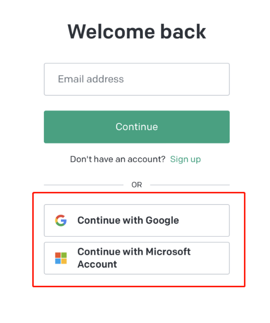 你可以选择"Continue with Google"或"Continue with Microsoft Account"登录ChatGPT 第4张