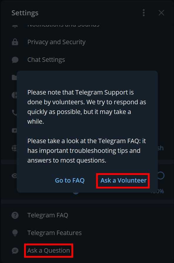 在Telegram的Windows电脑版里，点击“设置” → “我有疑问”，可向志愿者客服提问。 第4张