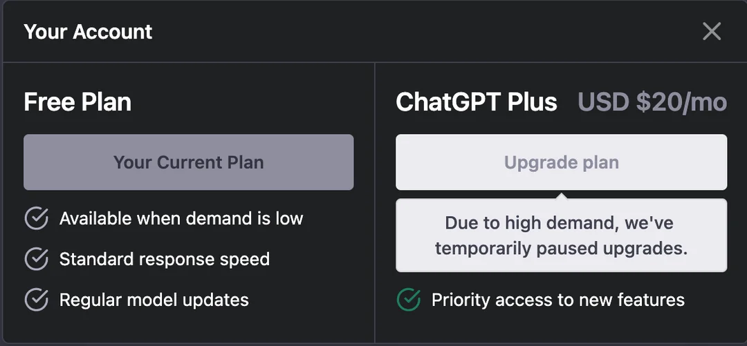 ChatGPT kann nicht aktualisiert werden. Plus: vorübergehende Aussetzung der Registrierungsaufforderungen. Melden Sie sich für die Warteliste an